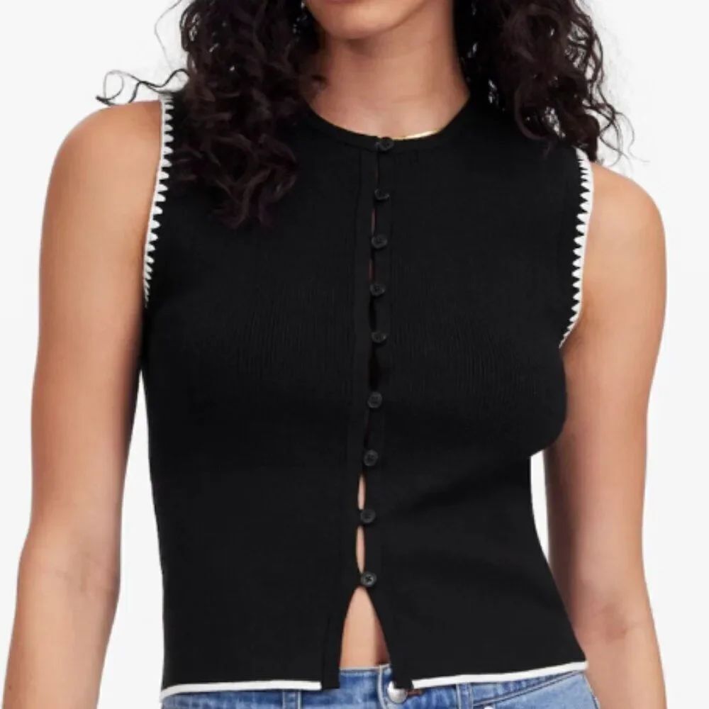 Madewell NU545 Black and White Blanket-Stitch Crewneck Sweater Tank NWT size s